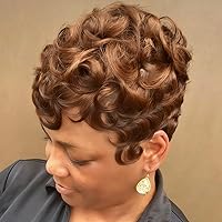 Vista 16 de Pelucas cortas de corte Pixie negro natural para mujeres negras, pelucas de cabello rizado de repuesto, peluca corta negra en capas con flequillo