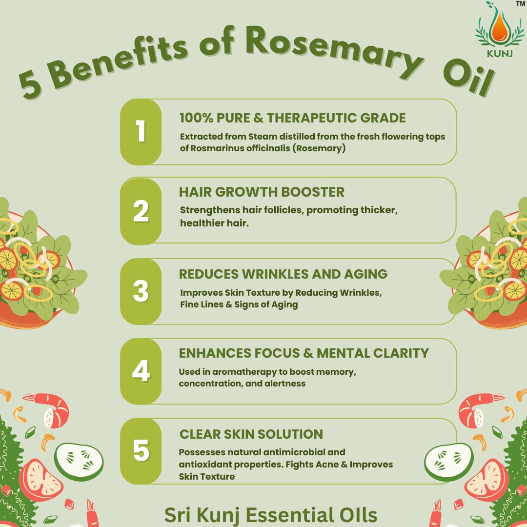 Kunj Rosemary Essential Oil 10ml - 100% Pure and Natural, Anirvat, Steam Distilled - Therapeutic Grade Rosemrinus Office of Office Oil for Hair Growth, Hair Fall Control, Nutrition and Skin Care Kunj Rosemary Essential Oil 10ml - 100% Pure and Natural, Anirvat, Steam Distilled - Therapeutic Grade Rosemrinus Office of Office Oil for Hair Growth, Hair Fall Control, Nutrition and Skin Care