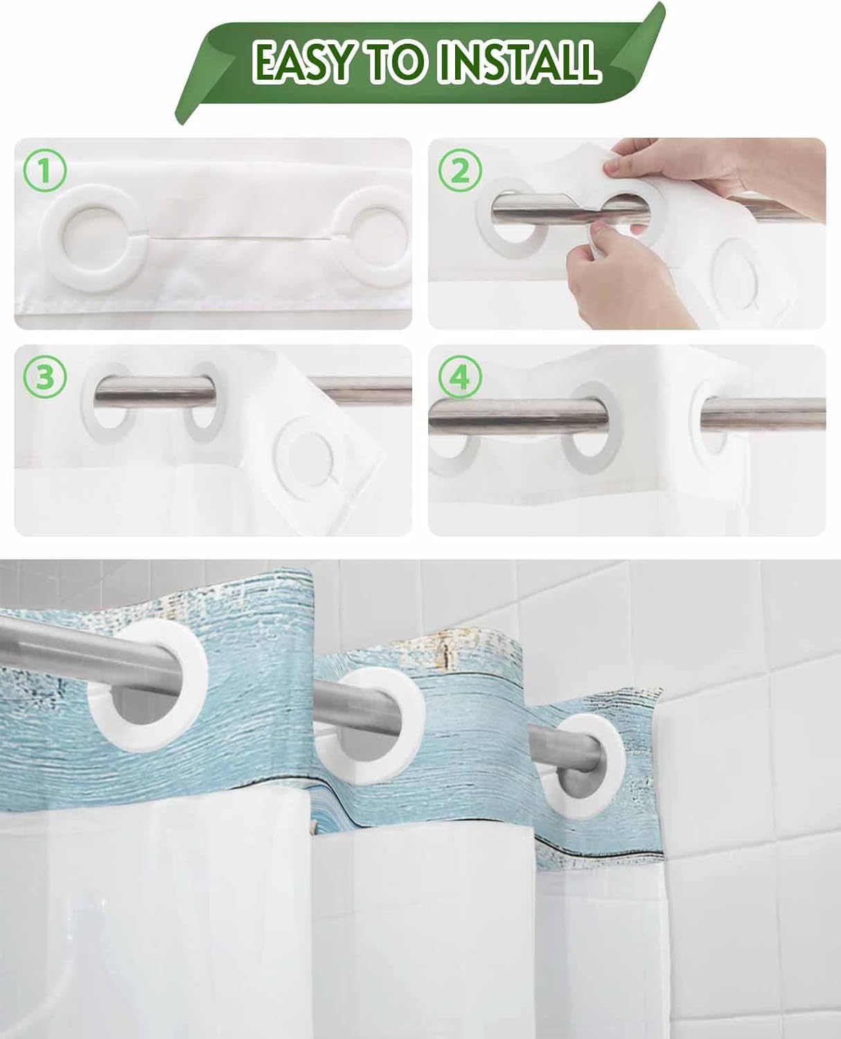 No Hook Shower Curtain with Snap in Liner, Summer Ocean Beach Shell Home Quote Waterproof Bath Curtain Double Layers with See Through Top Window, Farm Blue Wood Board Hotel Shower Curtains