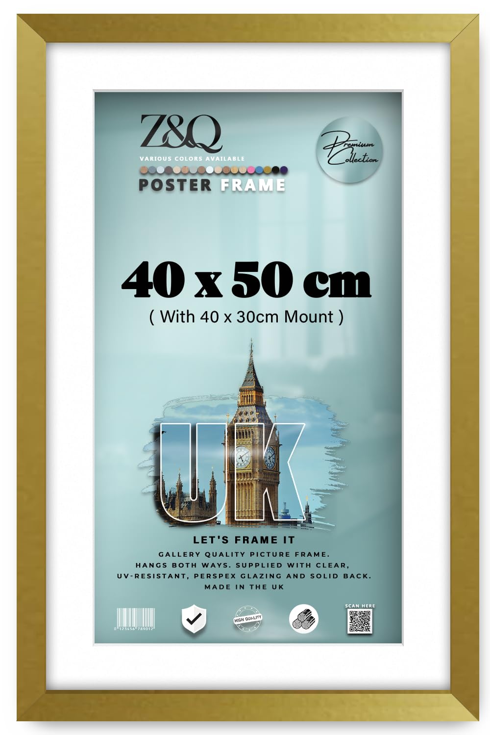Z&Q - Eton Wood (40 x 50 cm) Poster Frame with 40 x 30 cm White Mount Sturdy Wall Frame 16 x 20 Inch For Art Gallery, Home Décor, Wall Décor and Artwork [ Gold ]