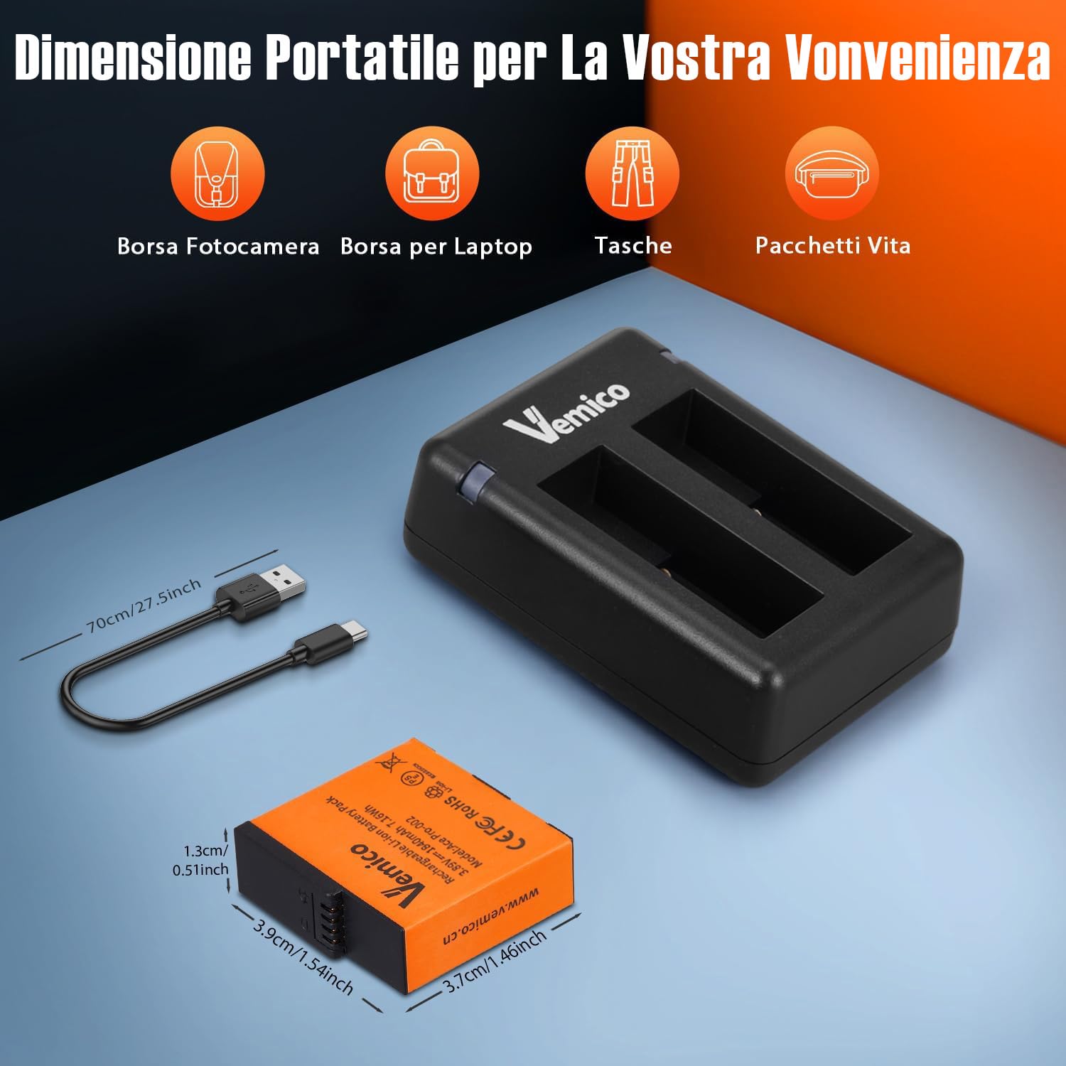 Vemico 360 Ace Pro 2 batterie di ricambio 2 x 1840 mAh Dual Tipo-C Canale caricatore LED con interfaccia di ricarica micro USB per fotocamera / 360 Ace Pro 2/360 Ace / 360 Ace Pro