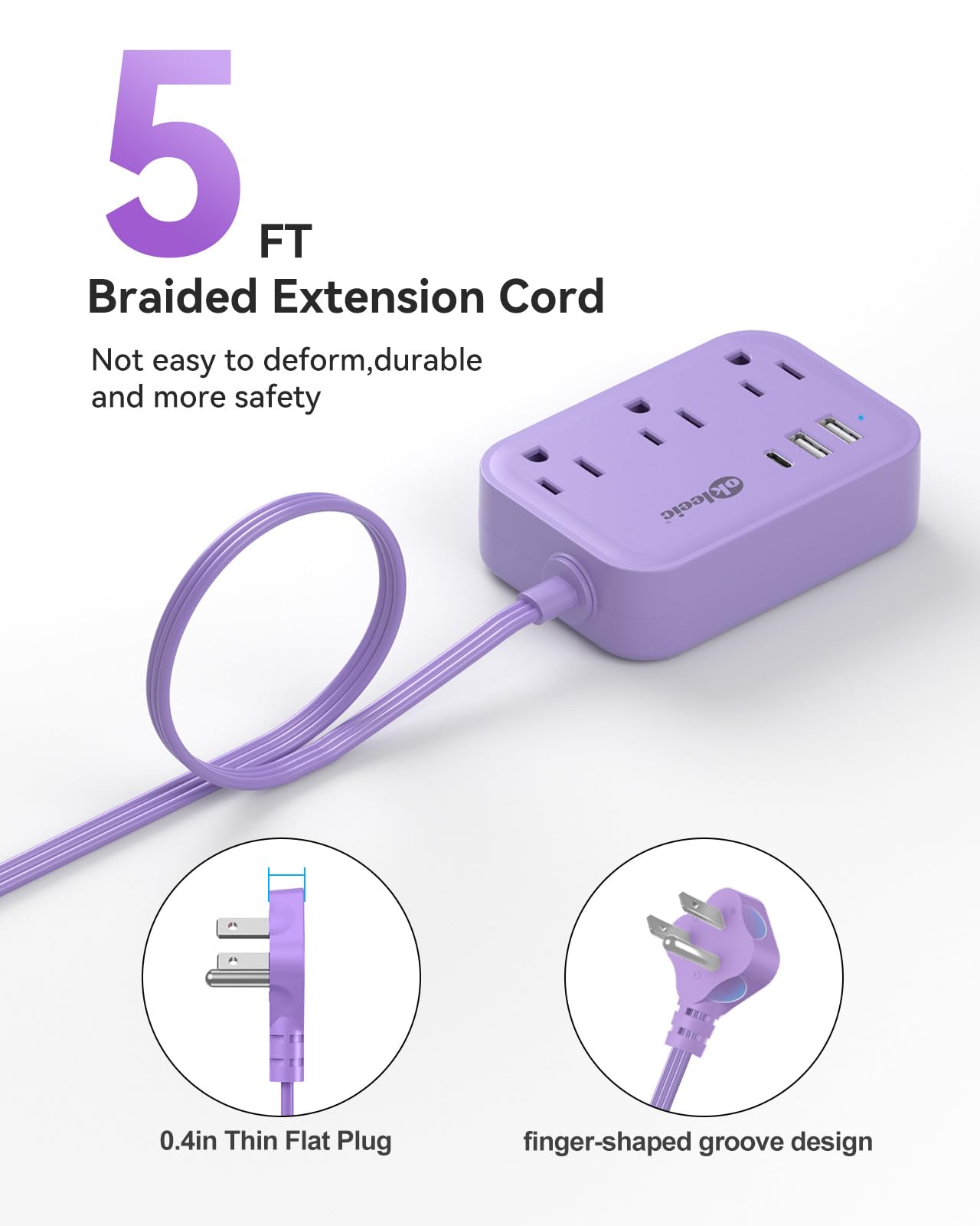 Cruise Essentials - Cavo di prolunga viola da 1,5 m, con 3 uscite AC e 3 USB, presa piatta da viaggio con stazione di ricarica USB, compatto per accessori per computer