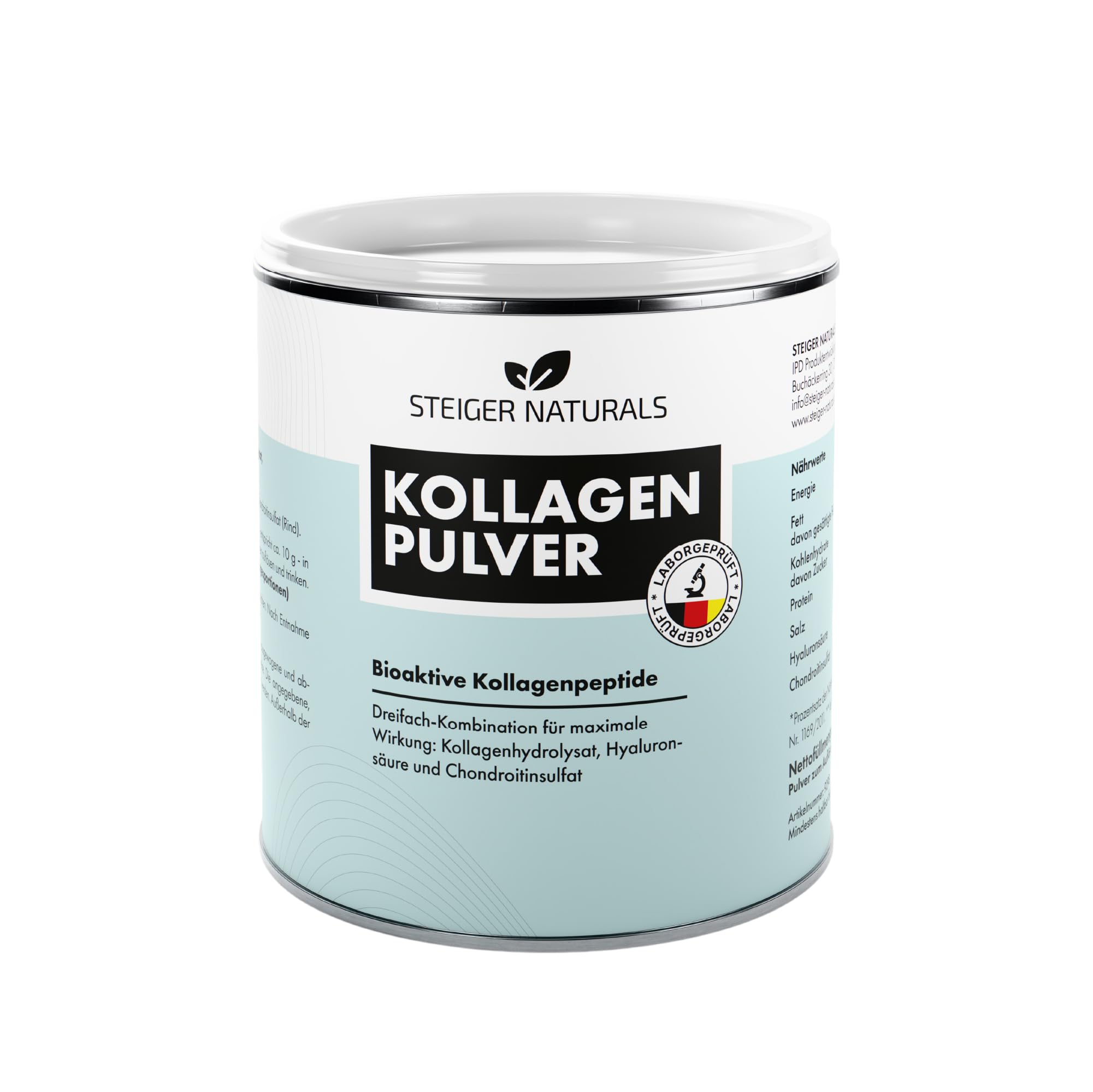 Steiger Naturals Kollagen Pulver – Bioaktive Kollagenpeptide VERISOL® + Hyaluronsäure & Chondroitin – 300g – Hochdosiert, Geschmacksneutral & Löslich – Made in Germany – PZN 19631855