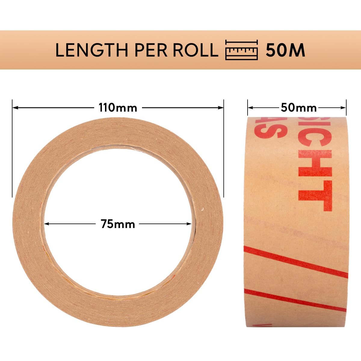 verpacking 36 Rollen Papierklebeband Vorsicht Glas Paketband aus Papier Klebeband 50 m leise abrollend Packband