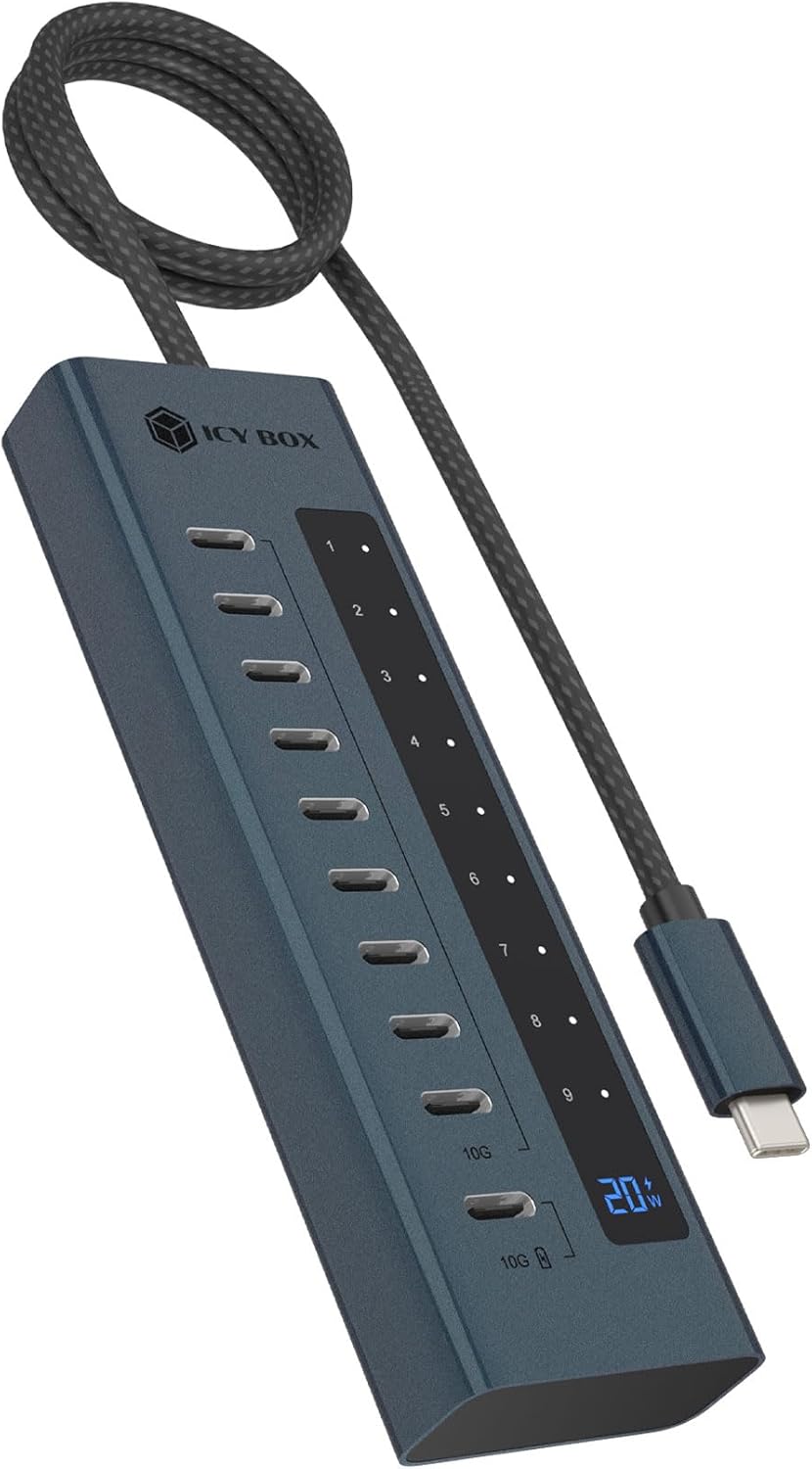 ICY Box 10-Port USB-C Hub, 9x USB 3.2 Gen 2 (10 Gbps), 1x USB-C Power Delivery 20 W, Aluminium Housing, 60 cm Cable, Includes Power Adapter, IB-HUB1450-C31