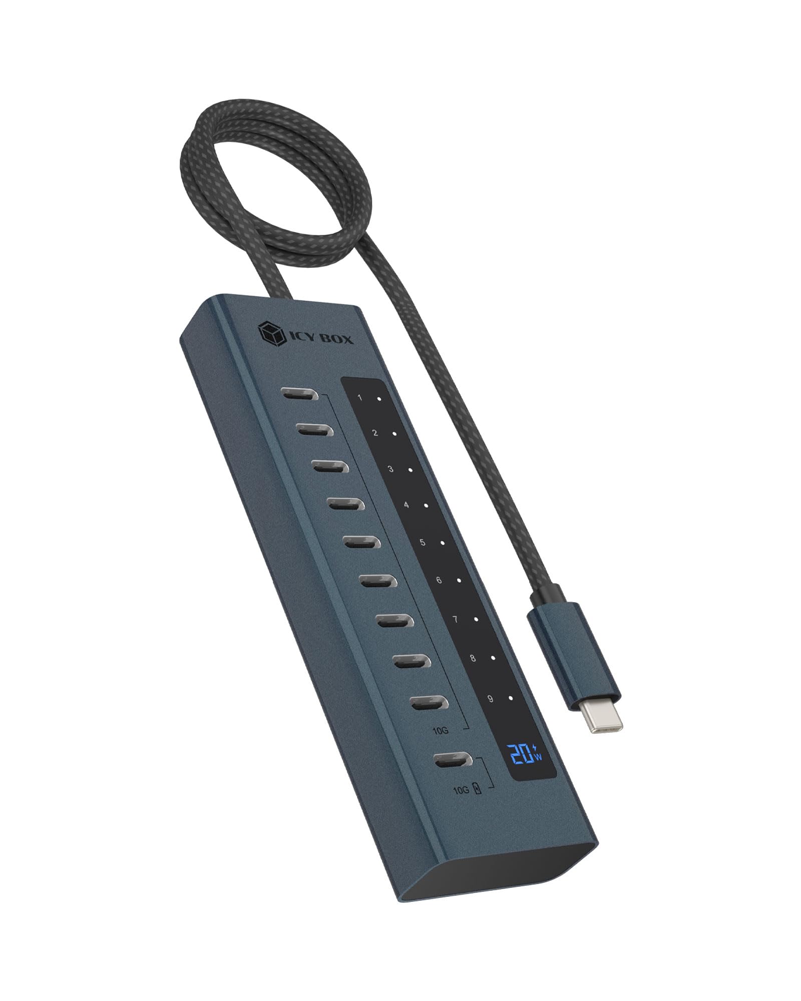 ICY Box Hub USB-C a 10 porte, 9 porte USB 3.2 Gen 2 (10 Gbps), 1 alimentatore USB-C da 20 W, alloggiamento in alluminio, cavo da 60 cm, adattatore di alimentazione, IB-HUB1450-C31