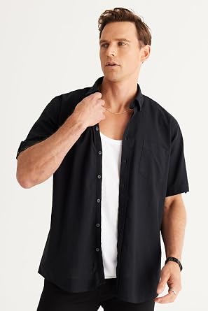 AC&Co / Altınyıldız Classics Comfort Fit Rahat Kesim Gizli Düğmeli Yaka Keten Görünümlü %100 Pamuk Flamlı Gömlek, Renk Siyah, Beden XL