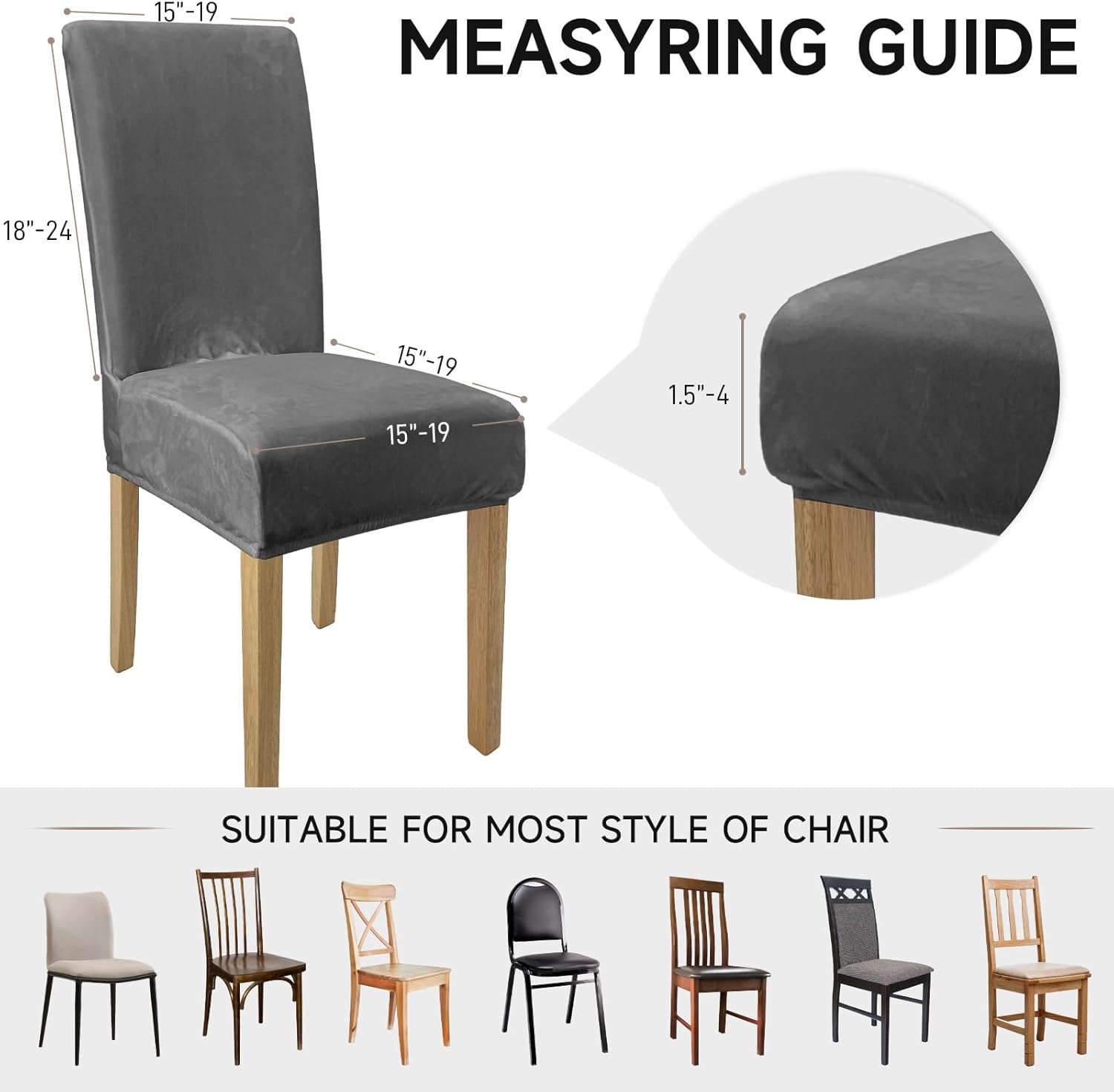 Velvet Dining Room Chair Covers Washable Dining Chairs Covers Stretch Velvet Kitchen Chairs Cover Anti-Dust Removable Parsons Chair Slipcovers for Banquet Home Hotel (Dark Grey, 6PCS)