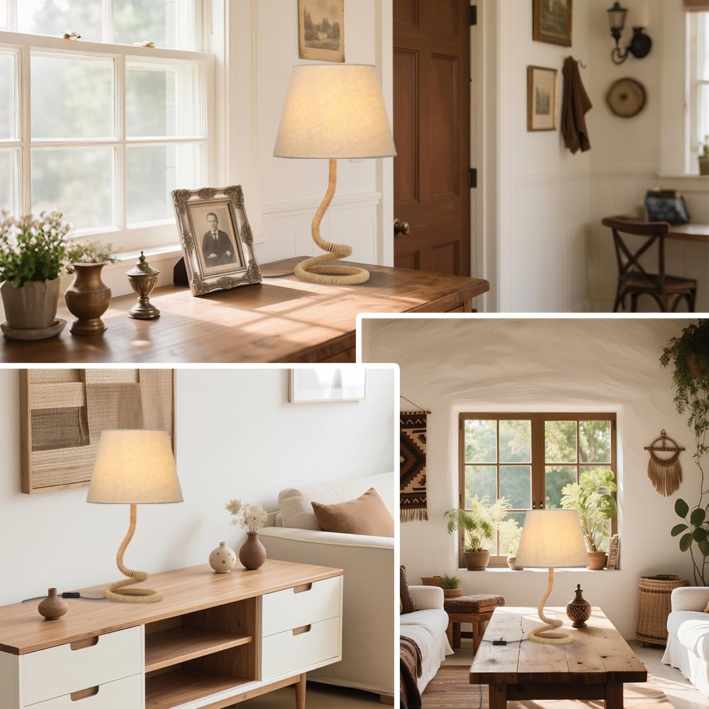 Lampa stołowa z liny konopnej, kreatywna, spersonalizowana lampka nocna, lampa na biurko z kloszem z materiału, nowoczesna dekoracja boho, przełącznik z przewodem, żelazna podstawa, głowica E27