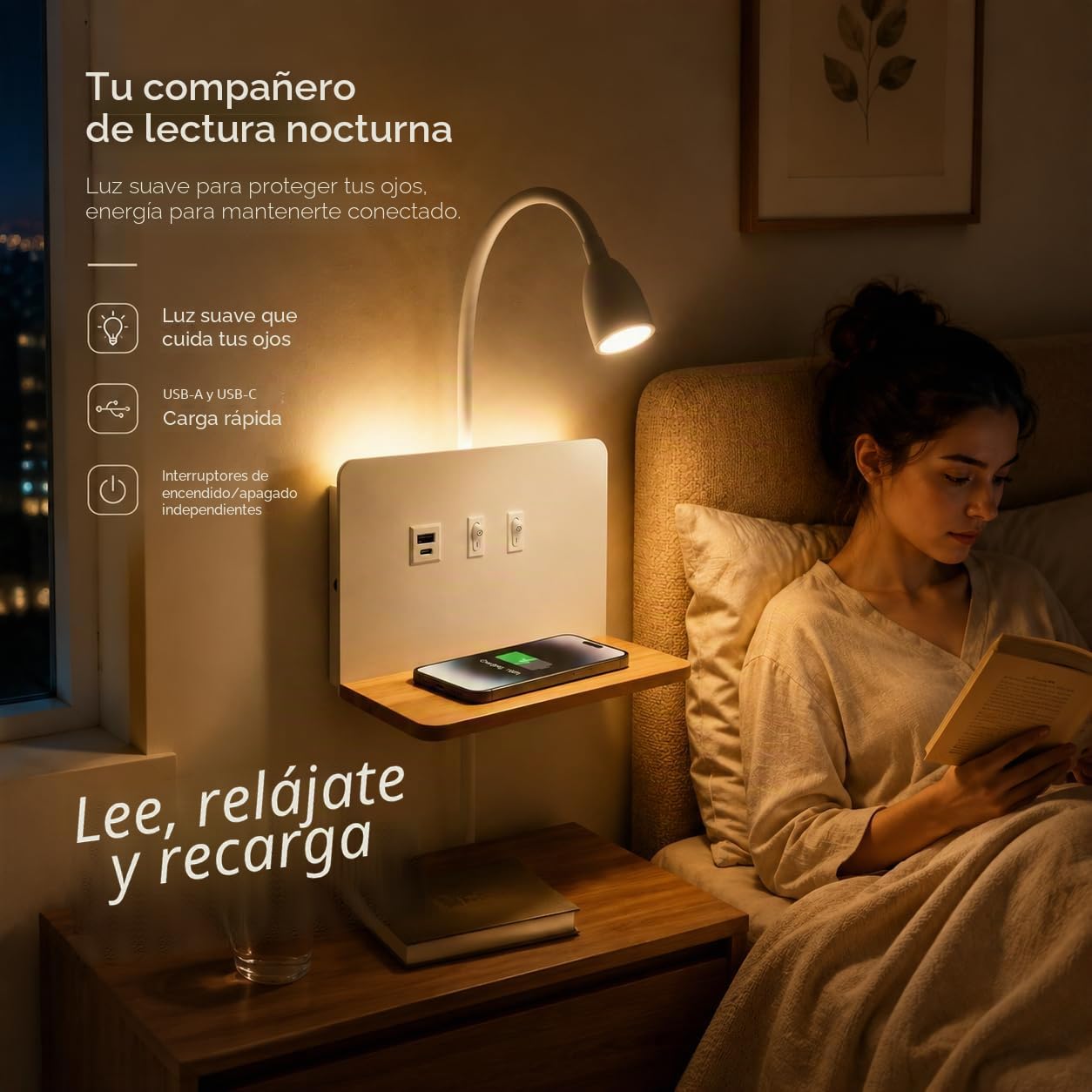 Blanco Lámpara de pared Junto a La Cama con Cargador Inalámbrico y puerto USB, Apliques Pared con Cable de Enchufe La Lámpara de Lectura de Montaje en Pared con 360° Cuello Ganso 3 Colores Regulable