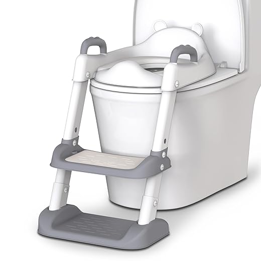 HBTower Potty Training Seat with Step Stool Ladder for Toddlers, Adjustable Kids Toilet Seat with Splash Guard, Anti-Slip Pads & Safety Handles, Comfortable Potty Chair for Boys & Girls (Grey)