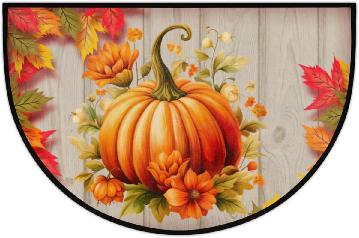Half Round Door Mat Indoor Entrance Washable Half Circle Area Rugs Non Slip Half Moon Rug Semi Circle Bathroom Rugs Floor Carpet for Kitchen Bedroom Fall Maple Pumpkin Wooden Fireplace Decor