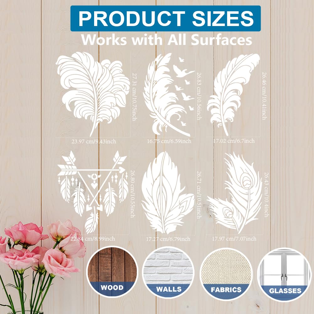 MAYJOYDIY 6Pcs Pochoir De Plumes 30×30/29.7×21cm Pochoir De Peinture Plumes De Flèche Avec Pinceau Modèle De Dessin Plumes De Paon Pour L'Artisanat Sur Fenêtre Mur En Bois Décoration
