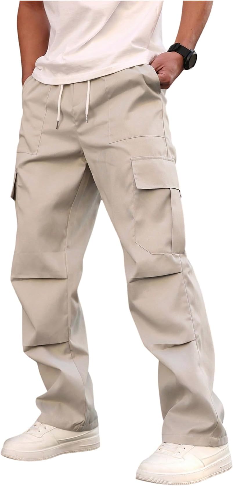 Cargo Trousers for Men UK Drawstring Elastic Waist Ruched Loose Long Pants with Flap Pocket