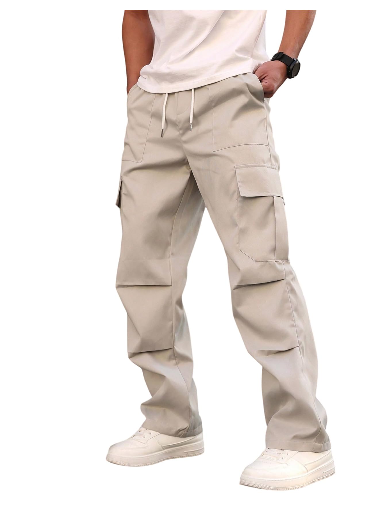 OYOANGLE Mens Cargo Pants Drawstring Waist Ruched Straight Leg Outdoor Hiking Trousers