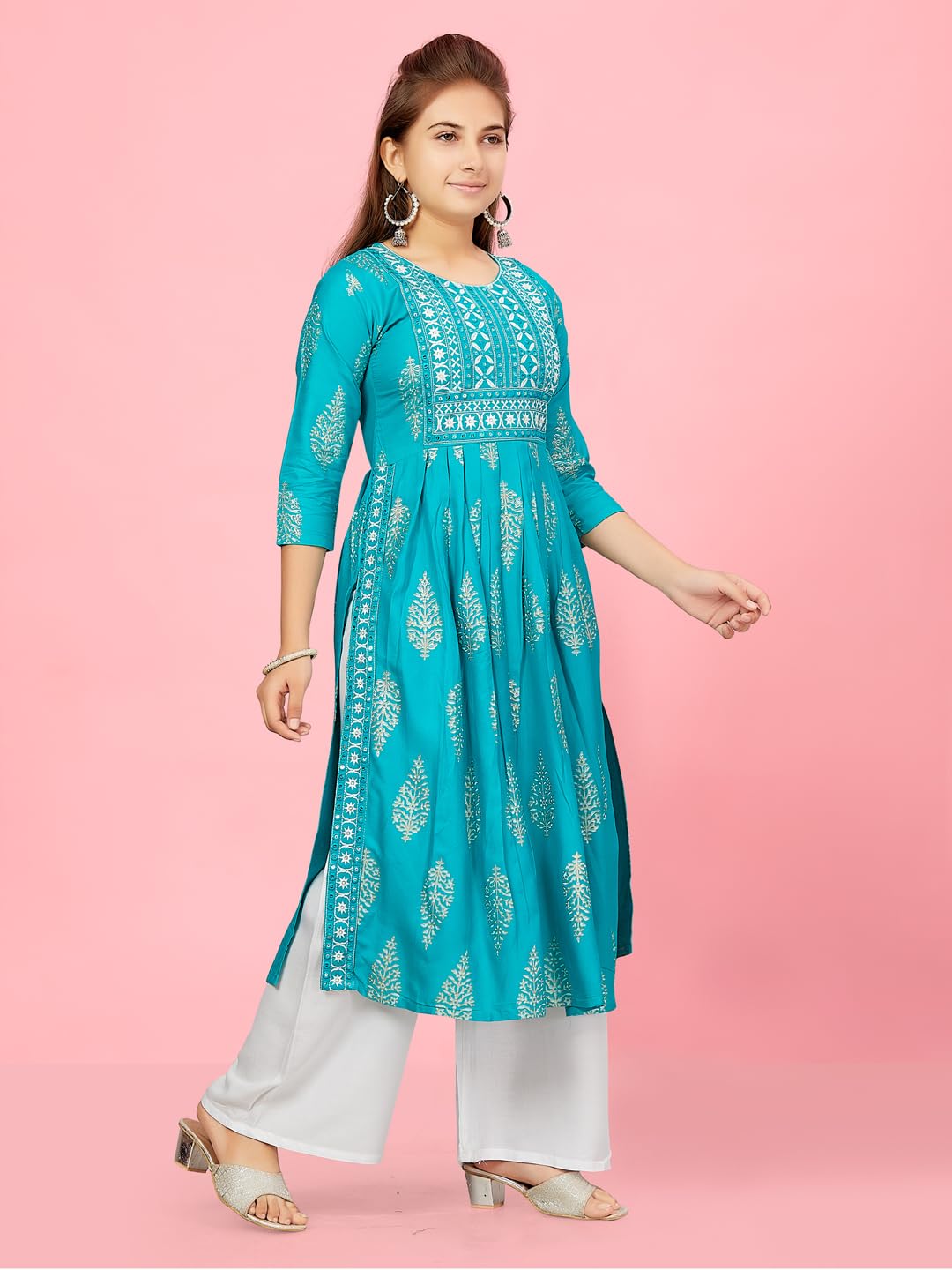 Aarika Girls C-Green-White Colour Cotton Kurti Palazzo Set (Pl-K-Ap-1119-Firozi-White-38)