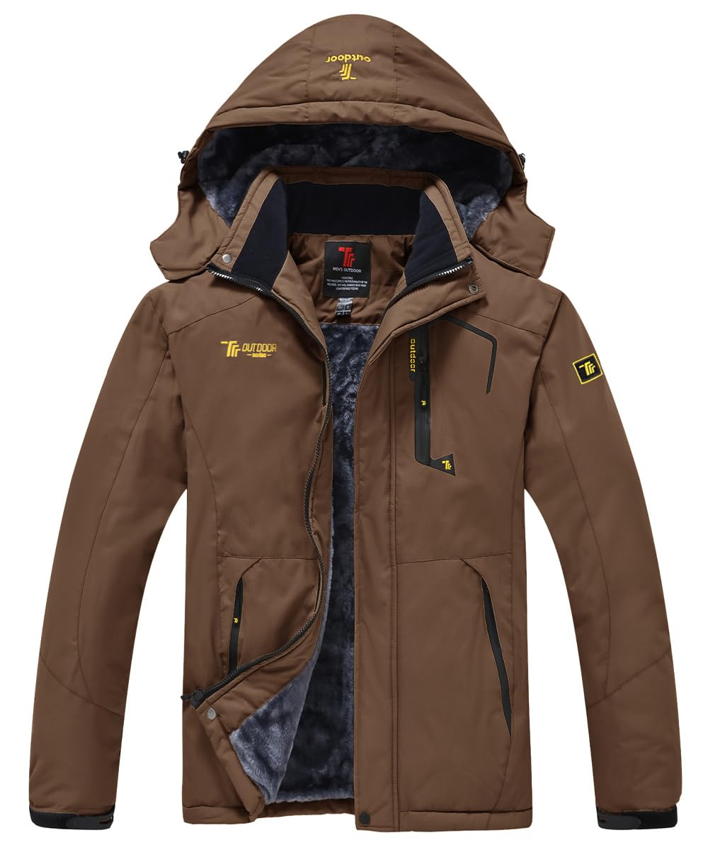 Donhobo Men's Coffee Fleece Jacket Winter Waterproof Warm Ski Jackets Windproof Coat With Zip Pockets Hood(,M)