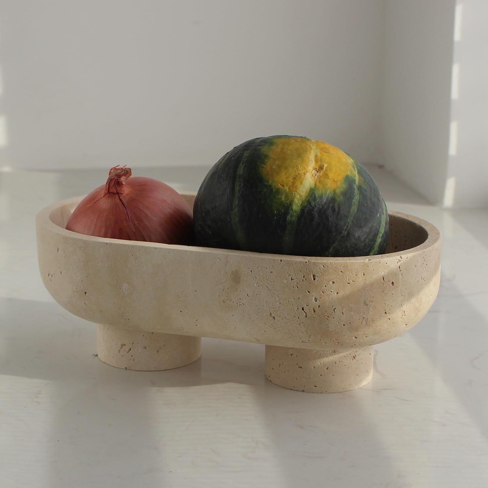 Nawgnail Ciotola ovale per frutta in travertino naturale per bancone della cucina, 25,4 cm, grande ciotola decorativa a due gambe per decorare la casa, porta frutta per tavolo da pranzo,