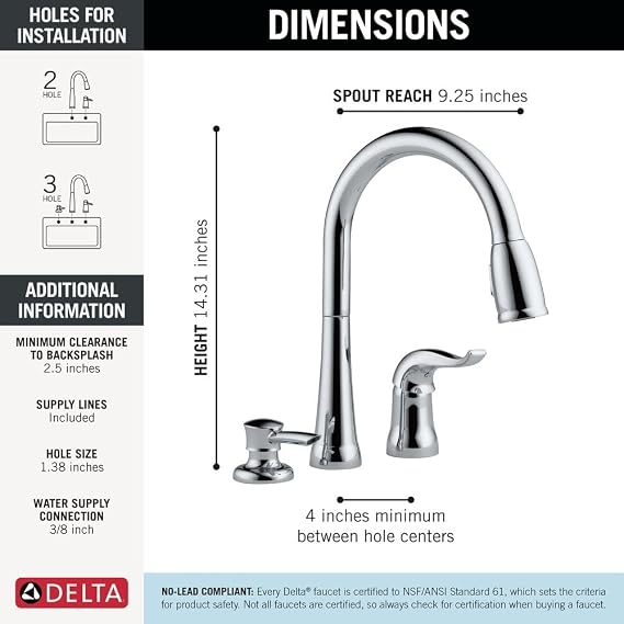 Delta Kate Chrome Kitchen Faucet with Pull Down Sprayer and Soap Disperser, Modern Two Hole Kitchen Sink Faucet, Single Handle, Chrome 16970-SD-DST
