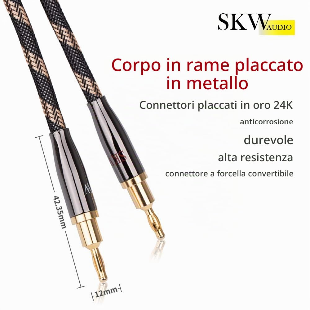 SKW Un paio Audiofilo Cavo per altoparlanti con connettori a banana placcati in oro, Treccia in Nylon, Cavo Qualità Hi-Fi - 1.5M