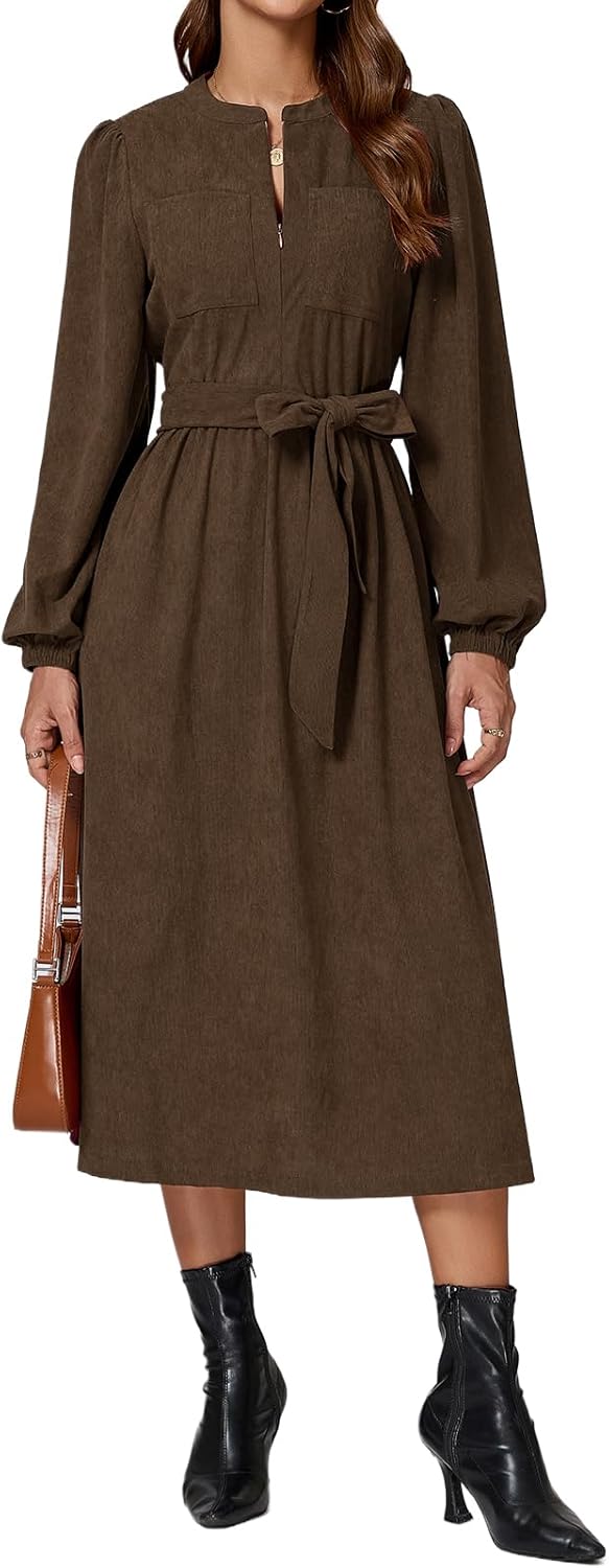 Corduroy Dress Women Long Puff Sleeve Zip Up Vintage Fall Winter Midi Dress with Belt