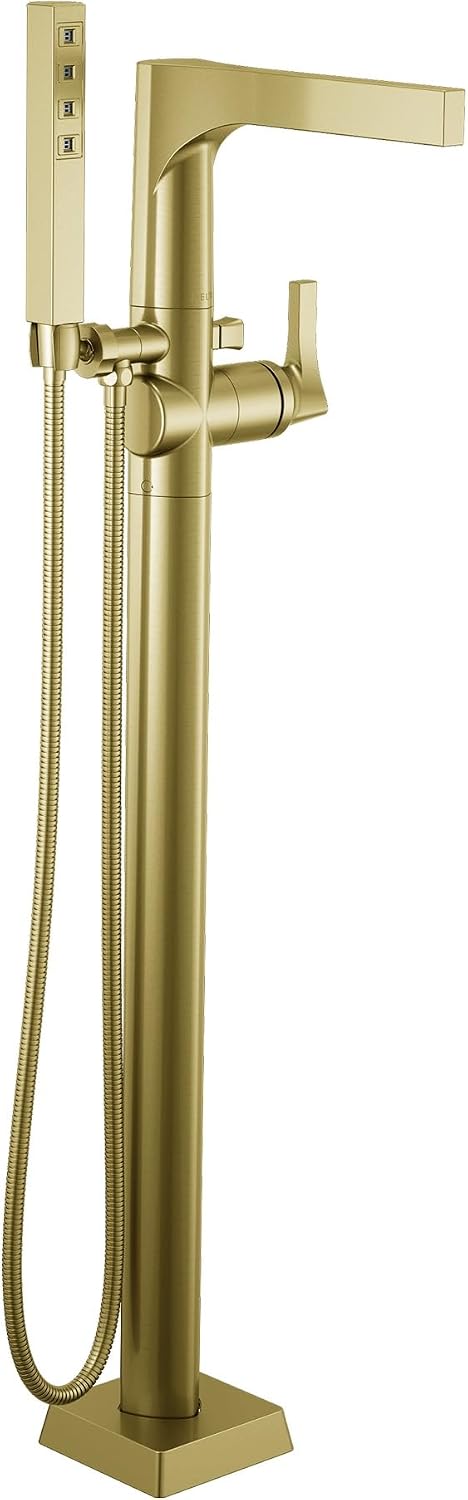 Delta Faucet Zura Floor Mount Tub Filler - Freestanding Roman Tub Spout with Handheld Shower - Flexible Shower Hose - Double Check Valves - Champagne Bronze, T4774-CZFL (Rough Sold Separately)