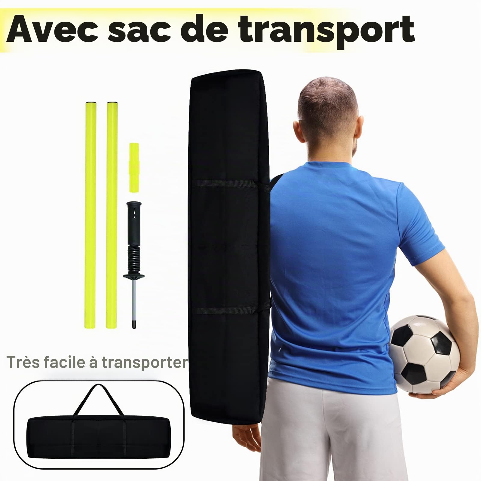 LZQ Lot de barres de slalom - 1,5 m - Barres d'entraînement - Avec suspension amovible - Avec sac de transport et pointe en métal pour le football et l'entraînement de coordination (jaune, 6 barres)