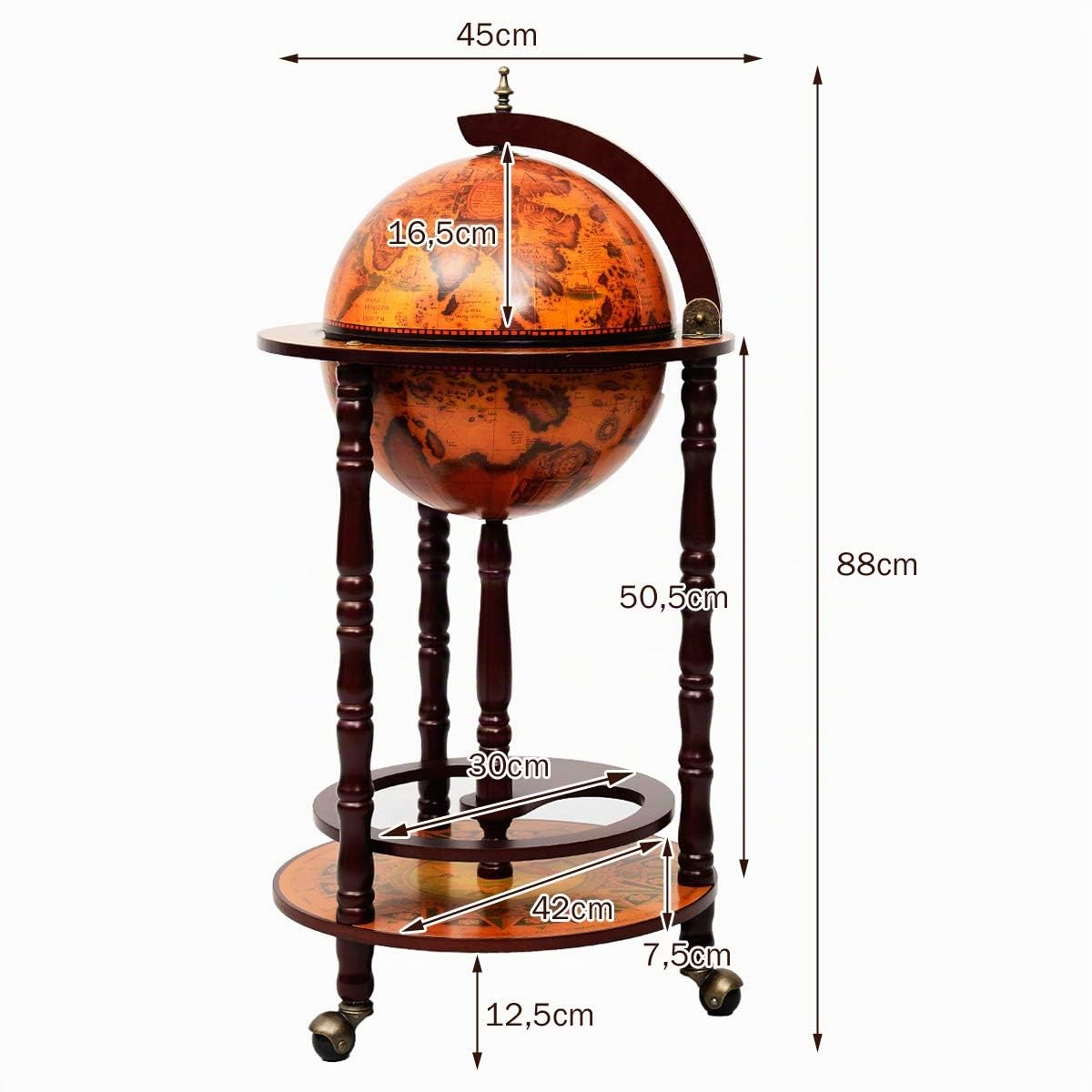 KOMFOTTEU Botellero Bar Globo Terráqueo con Ruedas, Soporte para Botellas de 2 Niveles, Carrito de Bar de Madera, Mueble Minibar para Bebidas, para Restaurante, Fiesta (Marrón, 45 x 45 x 88 cm)