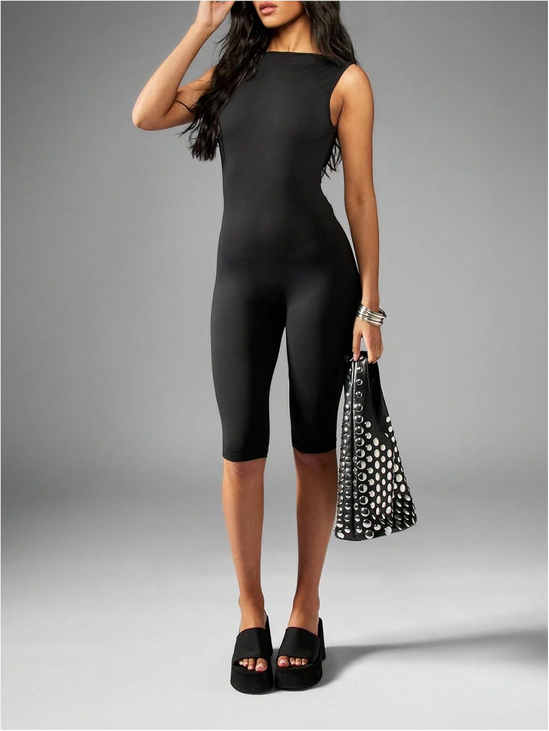 Milumia Women's Boat Neck Sleeveless Jumpsuit Sexy Yoga Workout Backless Skinny Bermuda Rompers - Image 2