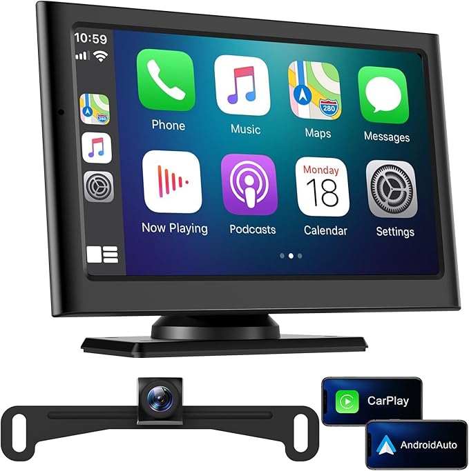 Wireless Apple Carplay Screen for Car:Sunlight Readable 7.2" HD Touchscreen with Wireless Android Auto,Backup Camera,Portable Carplay with Voice Control,AUX,FM Transmitter for Most Vehicle