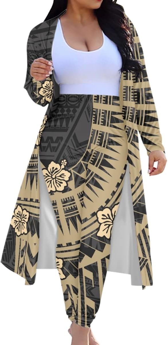 KIDVOVOU Women 2 Piece Outfits Polynesian Tribal Floral Printed Long Sleeve Open Front Cardigan Bodycon Pants Luau Party Sets