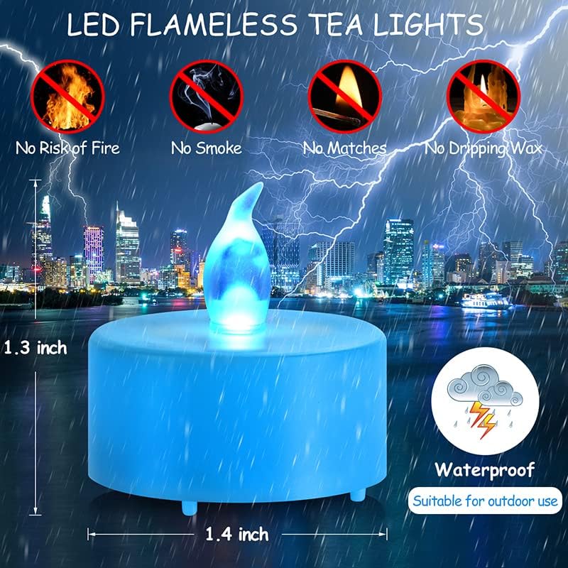 Miniatura 6 de Nancia Velas de té, paquete de 100 velas LED azules sin llama, color amarillo cálido parpadeante, 200 horas de luz de té alimentada por batería,