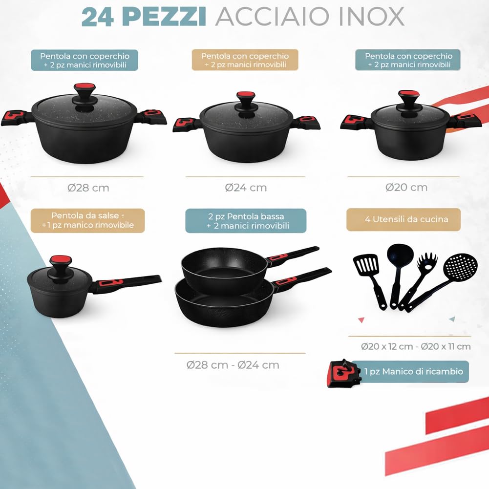 BAKAJI Batteria di Pentole 24 Pezzi Modello Rubino con Manici Removibili in Alluminio Pressofuso Antiaderente, Casseruola e Padella con Manico Amovibile, Coperchi e Mestoli Accessori (Nero)