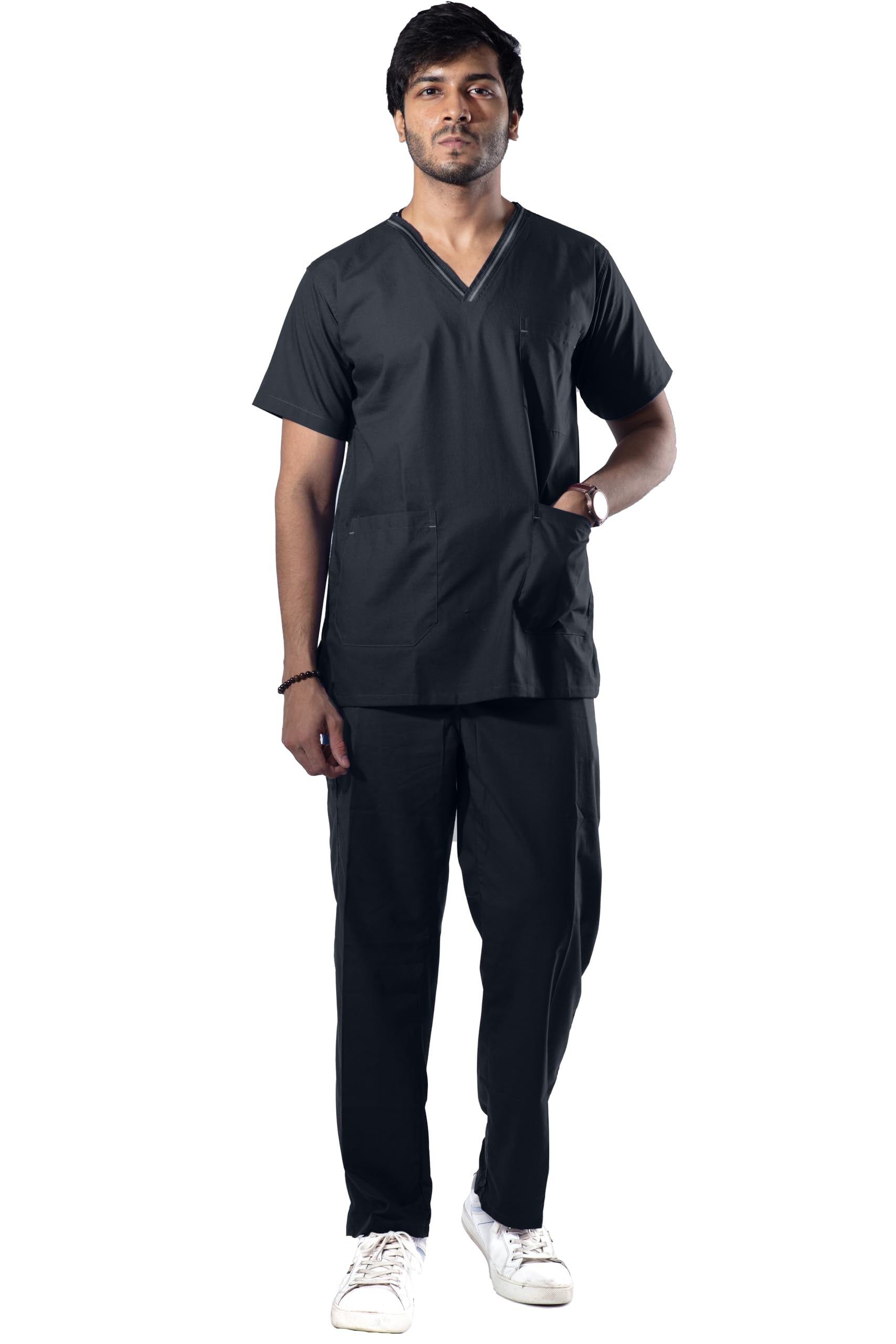 UNIFORM CRAFT Men's Designer Scrub Suit for Doctors, Nurses, Dentists and Healthcare Professionals (Black, Large)