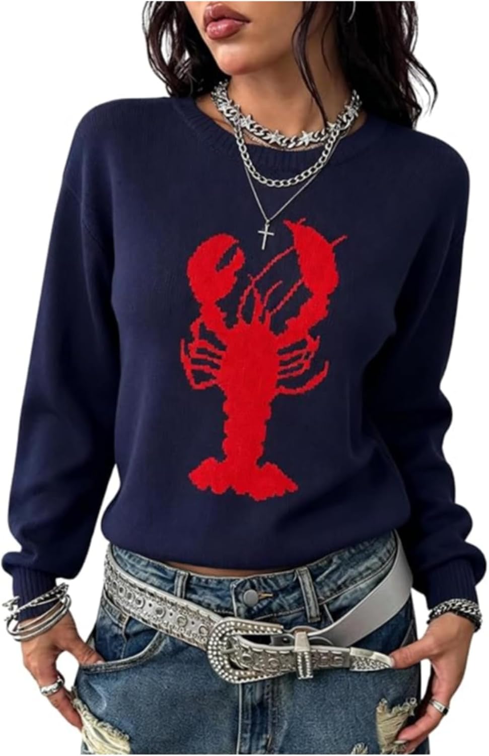 SOLY HUX Women's Graphic Lobster Sweaters Lightweight Knit Pullover