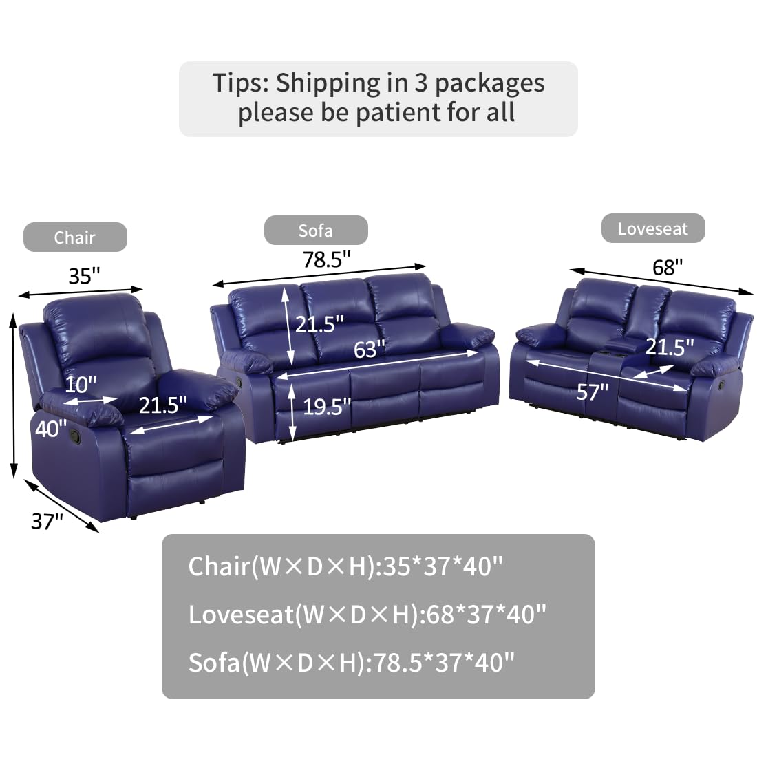 Toseslo Manual Recliner Loveseat Set, Living Room Furniture Sets, 2 Seater Modern Reclining Couches, Blue Leather Reclining Couch Sets with Storage Console/Cup Holder for Living Room/Apartment view 2
