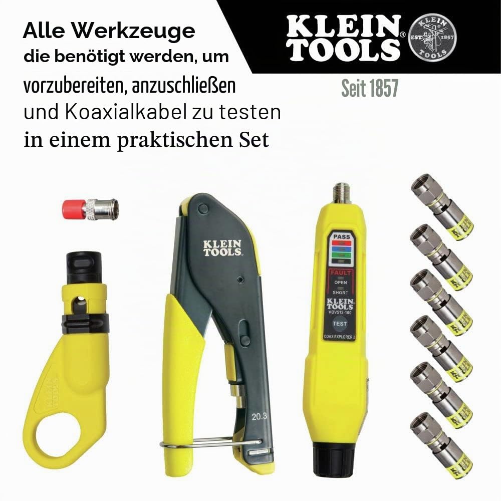 KLEIN TOOLS Koax-Installations- und Kabeltest-Set mit Crimpzange, Abisolierer, Tester und F-Steckern VDV002-818