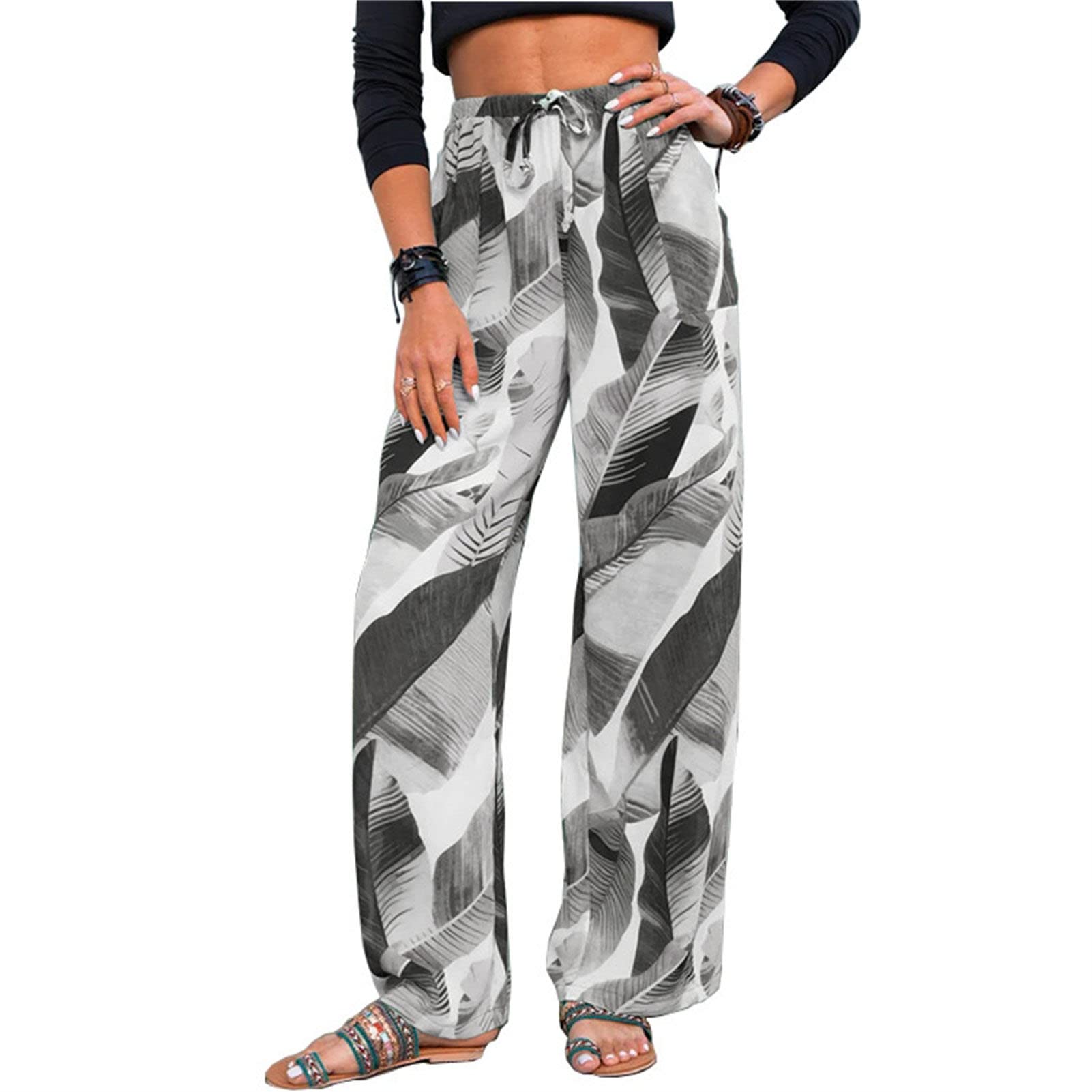 DGHM-JLMY Womens Casual Pants Wide Leg Straight Floral Print Belted Lounge Pants Beach High Waisted Ruffle with Pockets