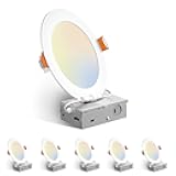 Amico 6 Pack 6 Inch 5CCT Ultra-Thin LED Recessed Ceiling Light with Junction Box, 2700K/3000K/3500K/4000K/5000K Selectable, 12W Eqv 110W 1050LM Brightness Dimmable Canless Wafer Downlight, ETL & FCC