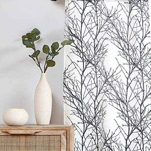 Fmfunctex Window Valance Curtains Black Tree Branch Print On Semi-Sheer White Short Valance For Kitchen 50”W X 15" L, 1 Panel #TOP3