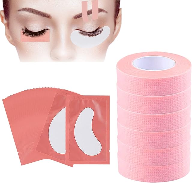 6 Rolls Eyelash Tape with 20 Pairs Eye Pads, Pink Adhesive Lash Extension Tape Breathable Micropore Fabric Tape Medical Tape for False Eyelash Extension Patch