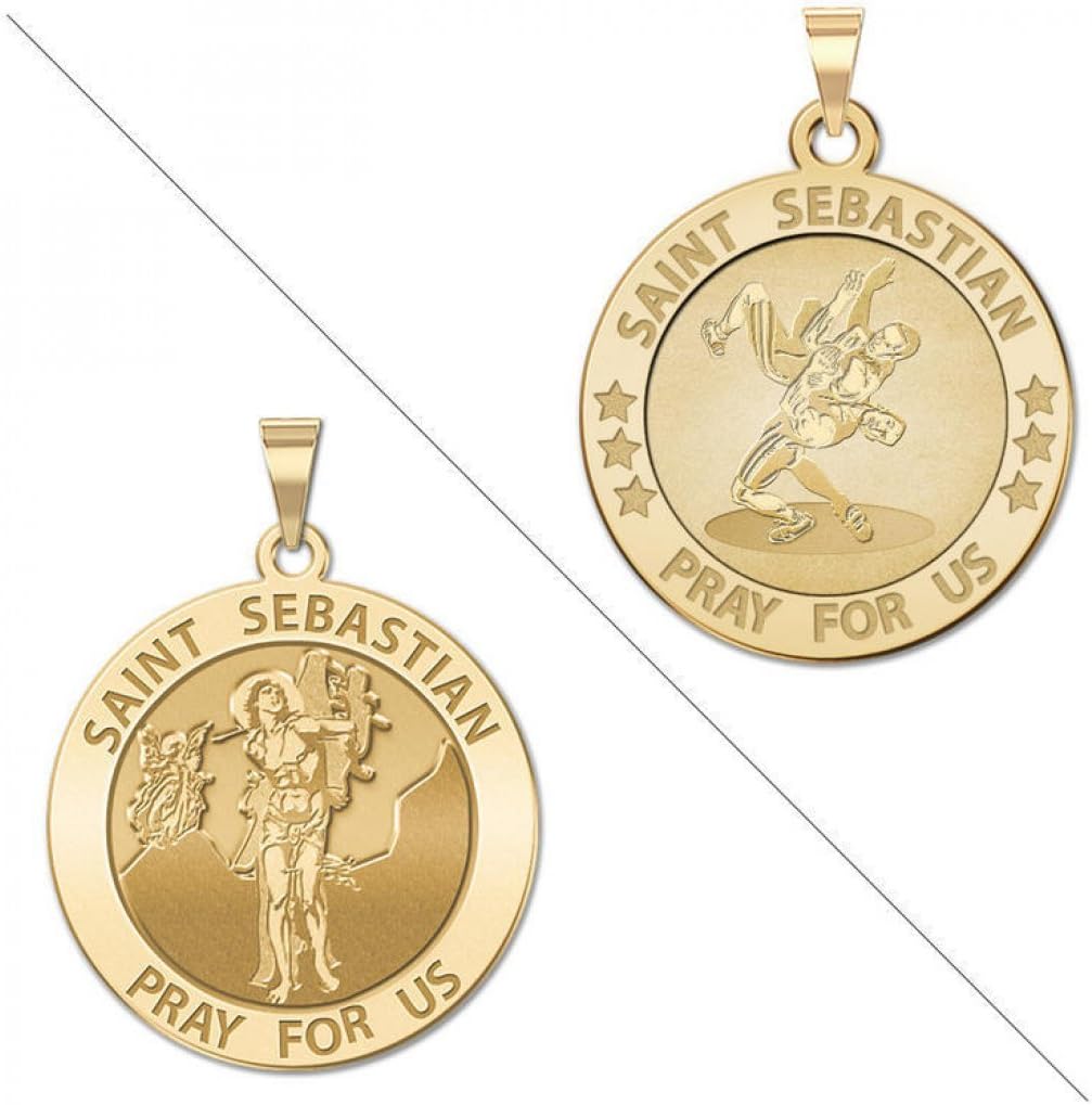 PicturesOnGold.com Wrestling - Saint Sebastian Doubledside Sports Religious Medal - 2/3 Inch Size of Dime, Sterling Silver - Image 2