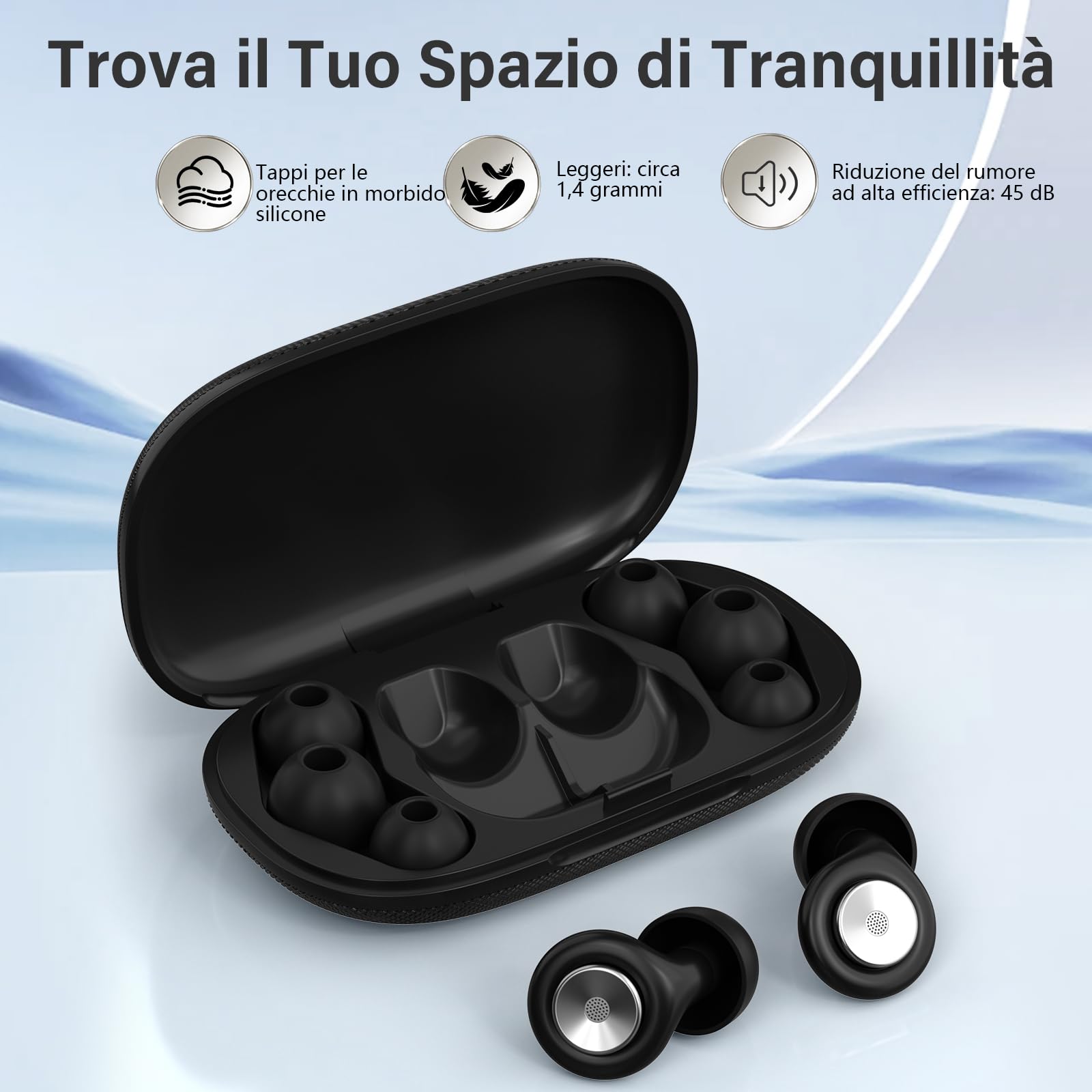 Tappi Orecchie Dormire, 45dB Protezione dell'udito, 2026 Nuovo Antirumore Quiet Silicone Auricolari, Riutilizzabile Earplugs con 8 Punte (XS/S/M/L) e Custodia, per Notte/Lavoro/Concerti - Nero