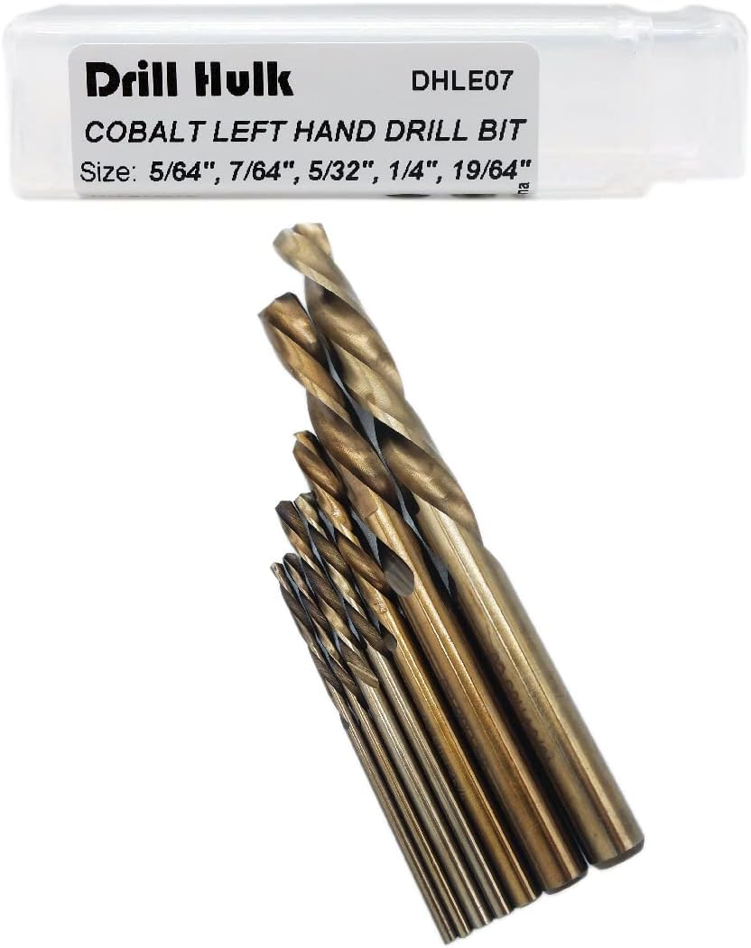 7-Piece M35 Cobalt Left Hand Drill Bit Set for Removing Damaged Bolts and Screws, 5/64-Inch, 7/64-Inch, 5/32-Inch, 1/4-Inch, 19/64-Inch