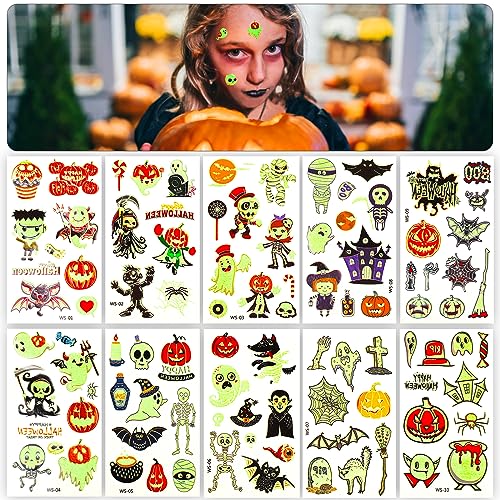 10 Blatt Temporäre Halloween Tattoo Aufkleber, Temporäre Leuchtende Tattoos Halloween Skelett Kürbis Hexe leuchtende Temporäre Tattoos für Halloween Themen Gefälligkeiten
