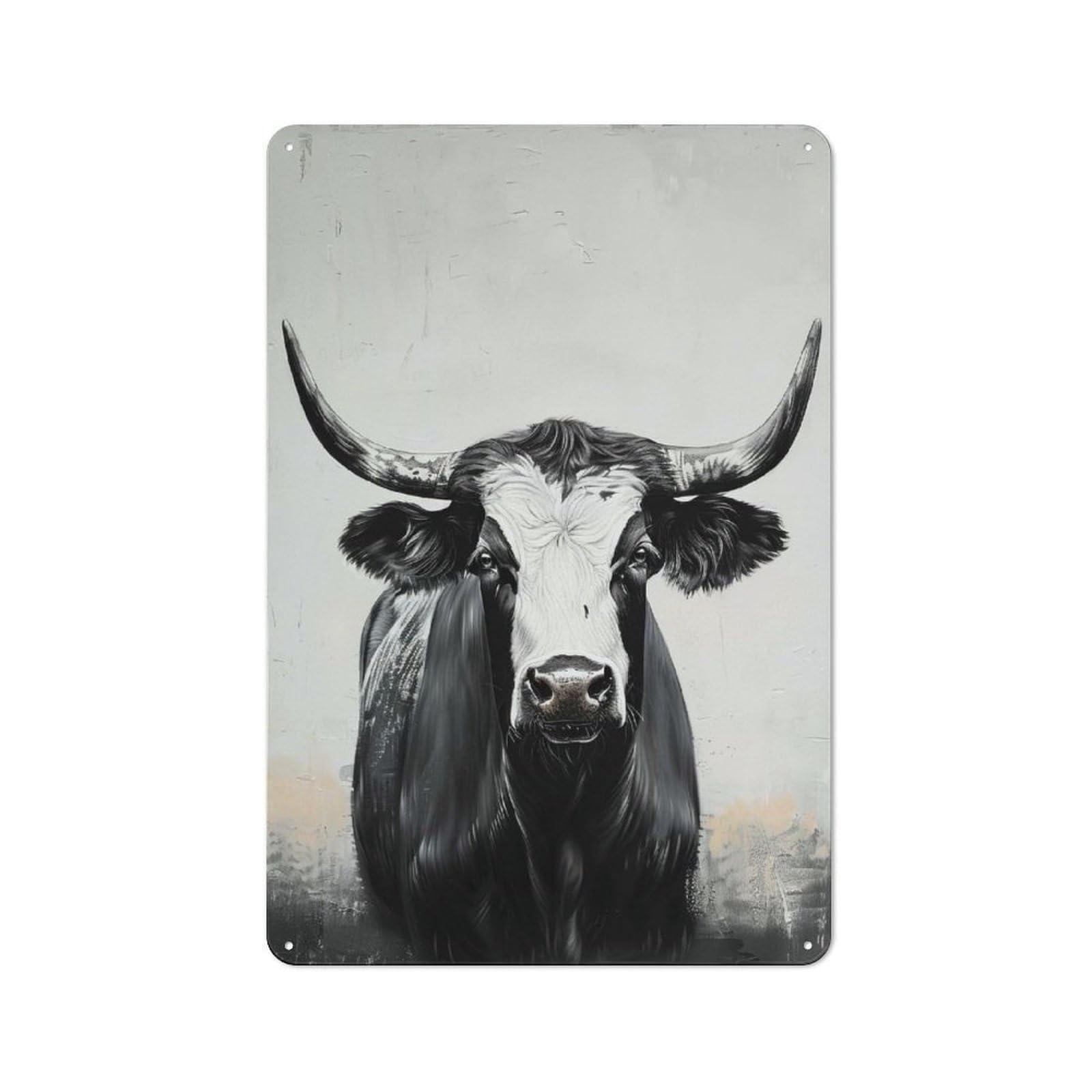 Black And White Bull Portrait Tin Wall Plaque 30x20cm, Barn Style Rustic Kitchen Decor for Farmhouse Kitchen, Pantry Or Dining Area
