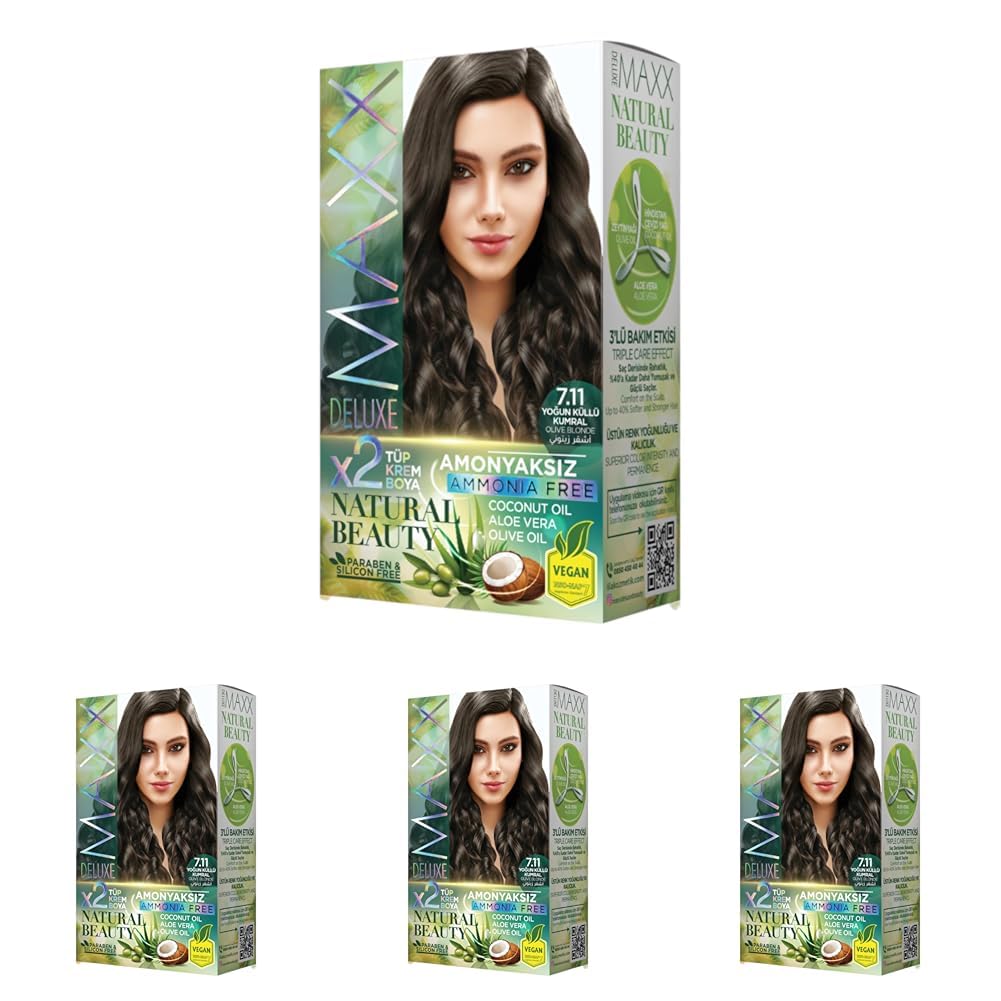 Maxx Deluxe Natural Beauty Amonyaksız Set Saç Boyası 7.11 Yoğun Küllü Kumral (4 paketi)