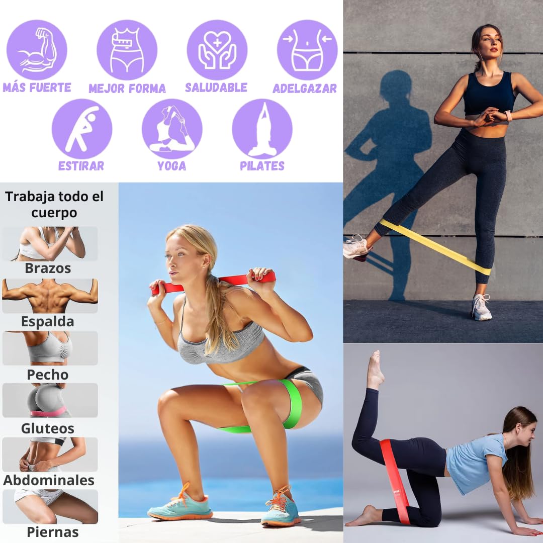 Set de 5 Bandas Elásticas Fitness,Pelota Pequeña de Pilates,Aro de Pilates,Kit de Pilates para Ejercicio en Casa,Cintas Elásticas musculación,Bandas de Resistencia con QR Clases Gratuitos