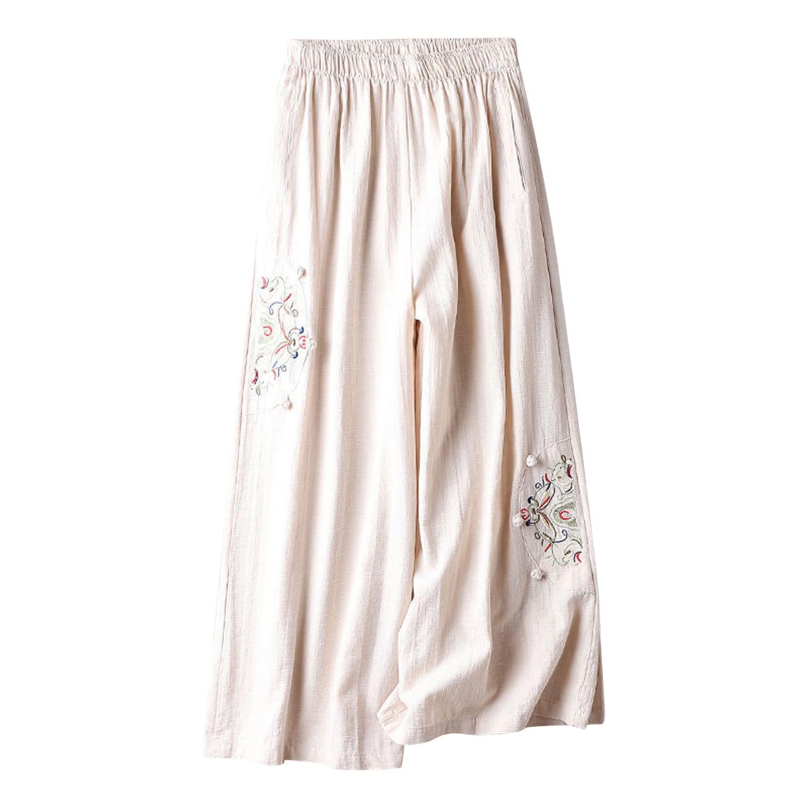 Womens Summer Linen Cotton Pants Floral Embroidery Casual Elastic High Waist Loose Fit Wide Leg Trouser with Pocket