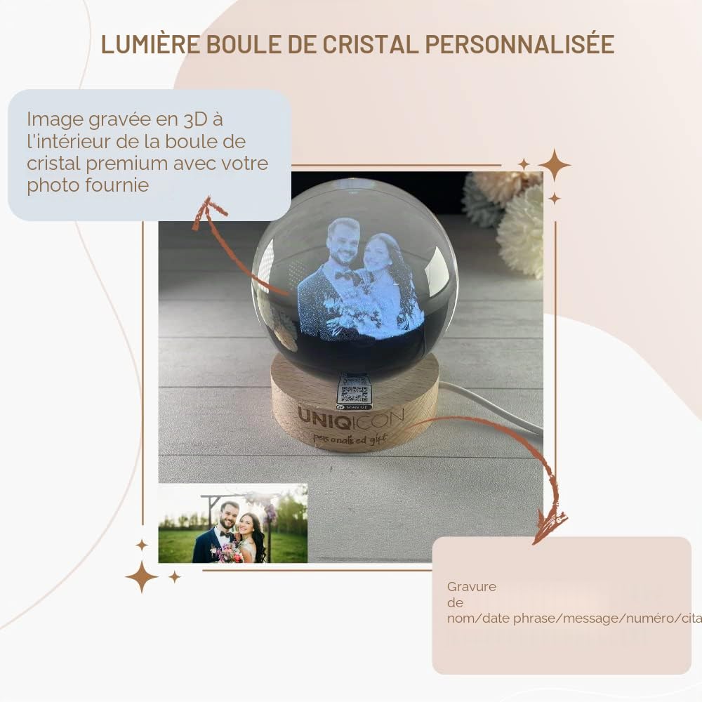 Boule de Cristal Personnalisé avec Photo et Texte, Boule en Verre Personnalisable, Base en Bois, Gravure au Laser et Photos, Cadeau Unique pour Femme, Ami, Anniversaire, Nouvel an, Saint Valentin